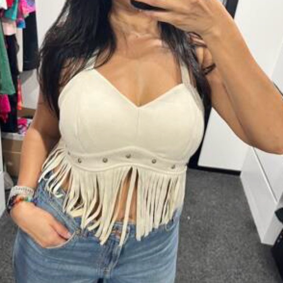 Fringe Halter Top Western Cowgirl Tie Tank Top Tassel Rivet Faux Top - Picture 5 of 5
